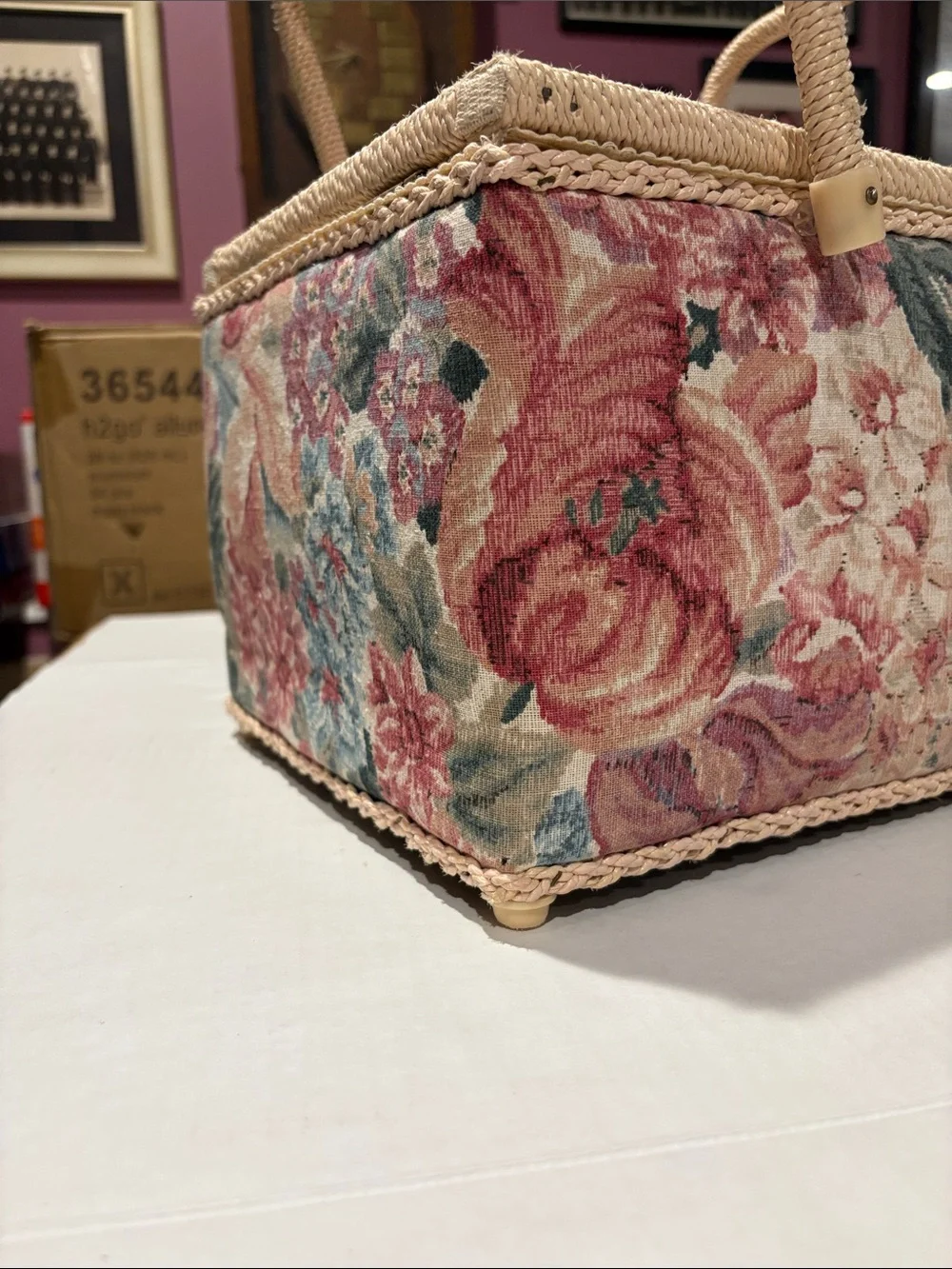 Azar Floral Pink and Green Woven Sewing Basket with Dual Handles